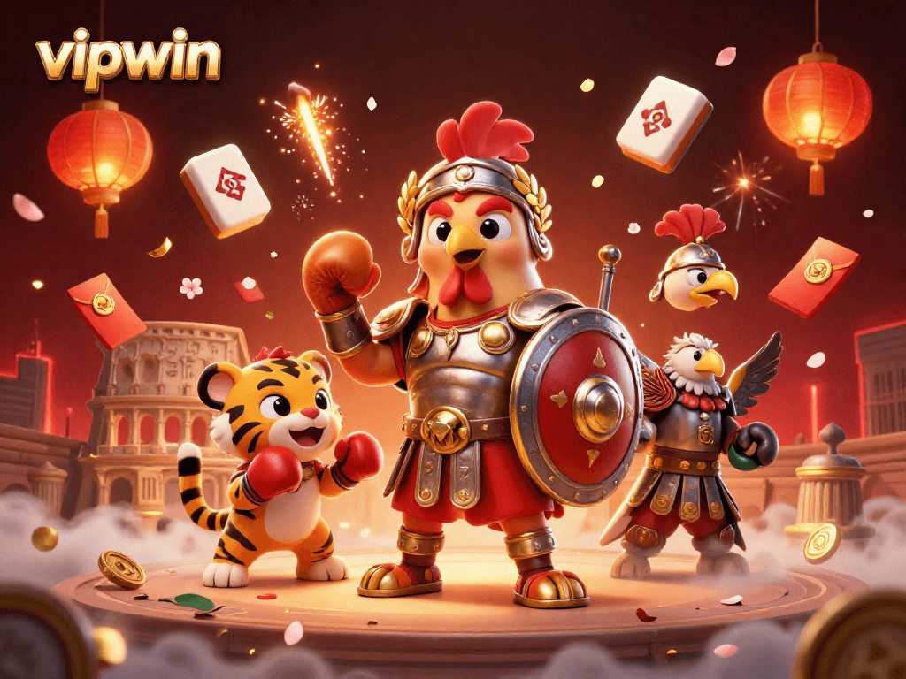 Win big at vipwin with a vibrant casino scene featuring a gladiator rooster and lucky game elements.