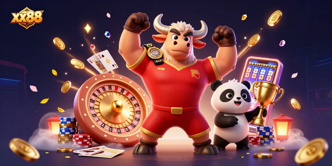 Win big at xx88 casino with vibrant 3D characters celebrating victories amidst cascading gold and gems.