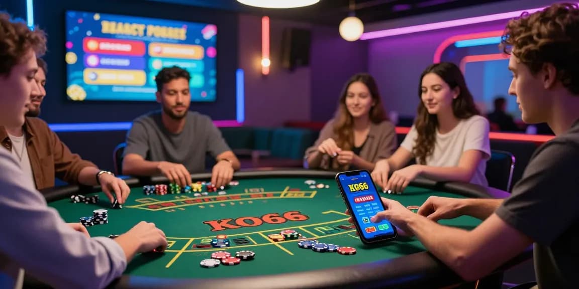Excited users engaging with KO66 app in a lively online casino setting, showcasing interactive games and vibrant atmosphere.
