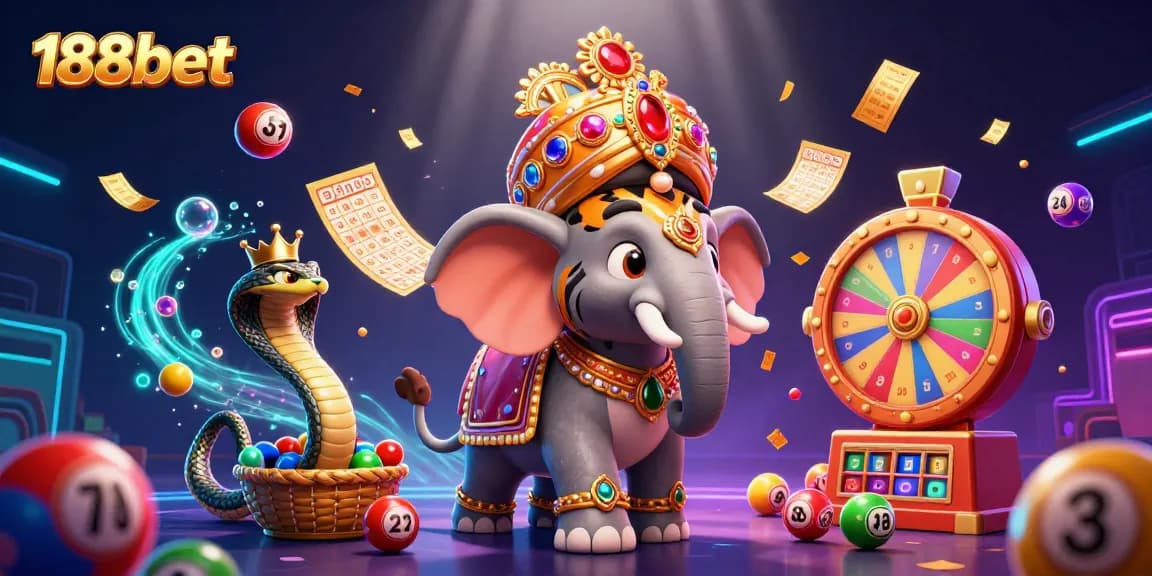 Engage with 188bet's vibrant casino experience featuring a tiger and elephant amidst lively game elements.