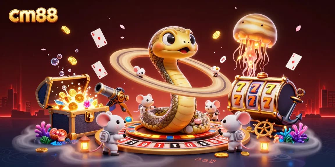 Experience thrilling spins at cm88 with a vibrant cosmic casino scene featuring betting astronaut mice.