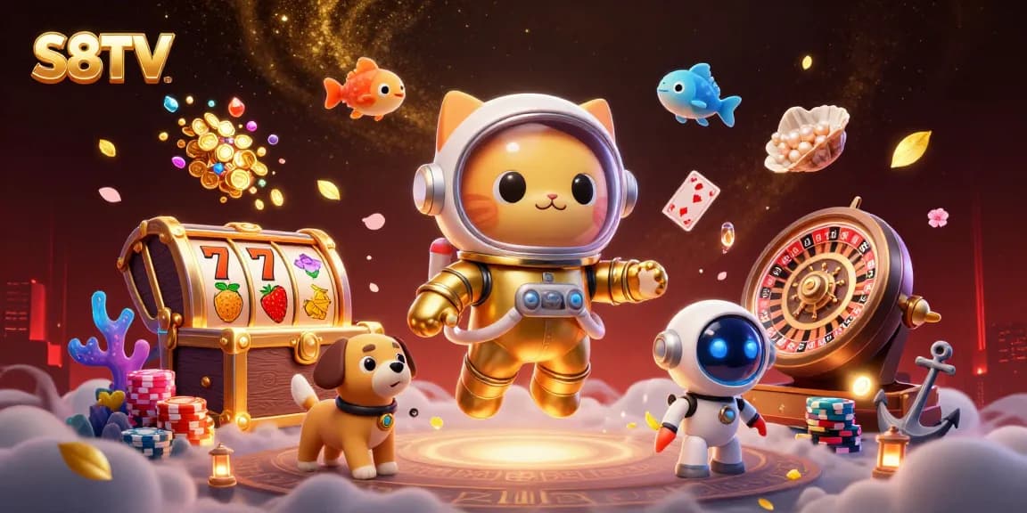 S8TV presents a cosmic adventure with a cartoon astronaut cat and gaming elements in a vibrant casino scene.