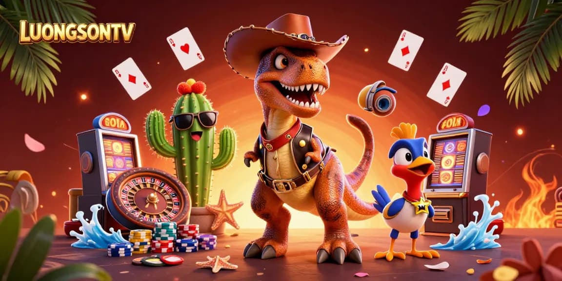 Experience thrilling poker action at LUONGSONTV with a cartoon cowboy dinosaur and casino elements.