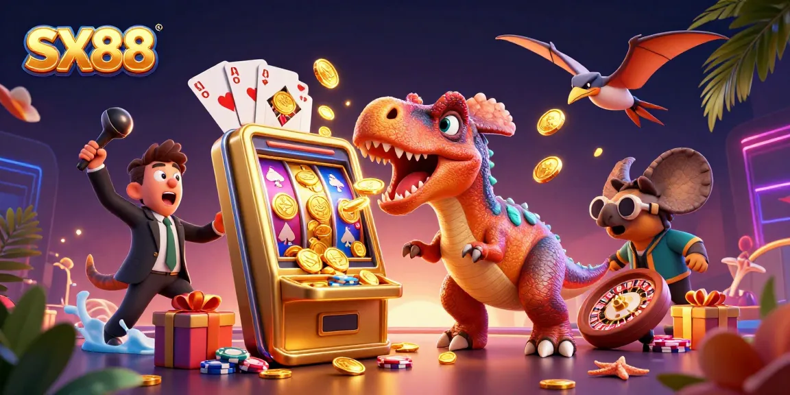 SX88 showcases a cartoon dinosaur celebrating a slot machine jackpot while coins soar, representing an exciting casino atmosphere.