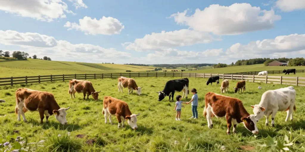 Mini moos farm with happy families interacting with miniature cattle in a sunny pasture.