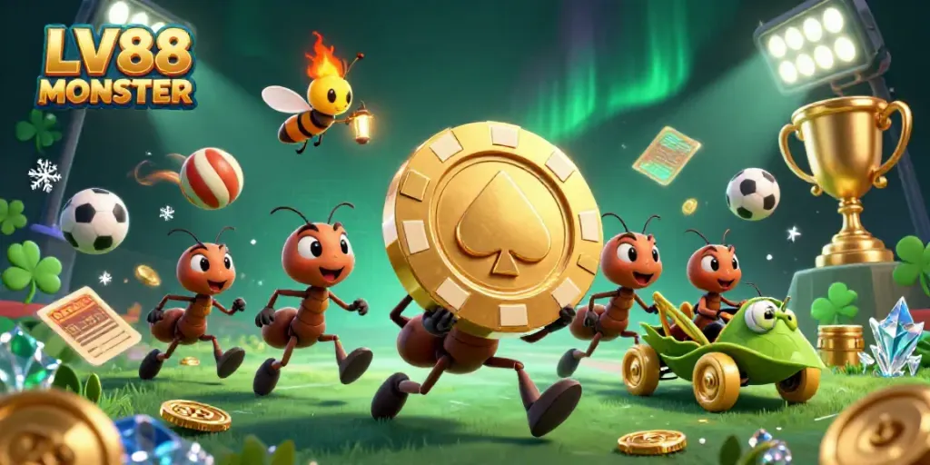 Experience thrilling action with LV88 MONSTER as cartoon ants heist a giant poker chip amidst a vibrant casino backdrop.