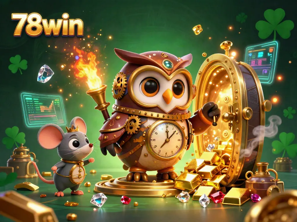 Experience the vibrancy of 78win with a captivating steampunk owl surrounded by gold treasures and Victorian casino elements.