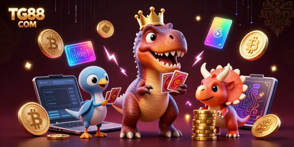Engage with TG88 COM's vibrant casino atmosphere featuring 3D dinosaurs playing cards digitally.