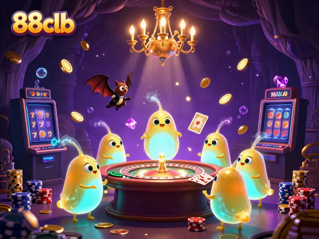 Experience a vibrant 88clb casino scene with glowworms illuminating the action and cascading coins.