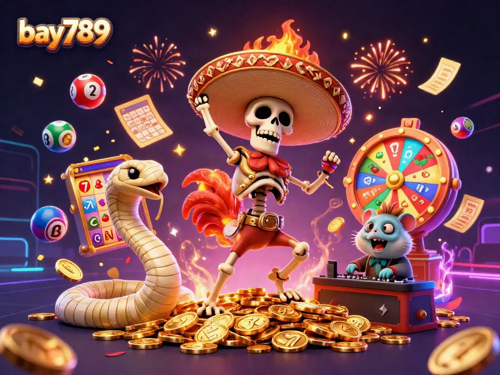 Experience the vibrant fun of bay789 with a cartoon mariachi rooster celebrating over slot reels and gold coins.