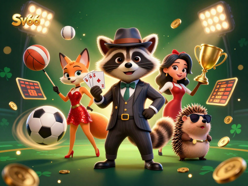Experience thrilling action at Sv66 with a suave raccoon showcasing a royal flush in a bustling casino scene.