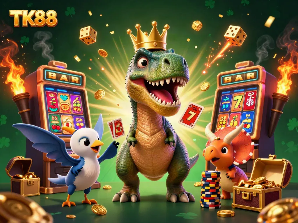 Experience excitement with TK88 featuring gaming characters, a lively slot machine, and mesmerizing casino elements.