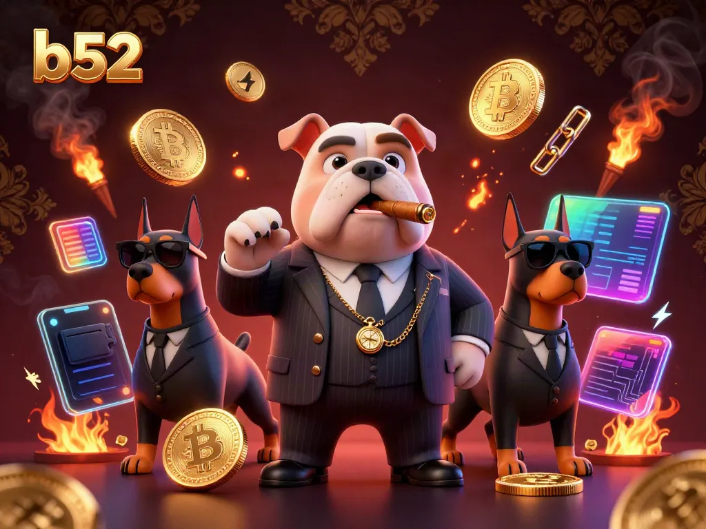 Experience thrilling gameplay at b52 with stylish mafia characters surrounded by vibrant crypto symbols and casino elements.