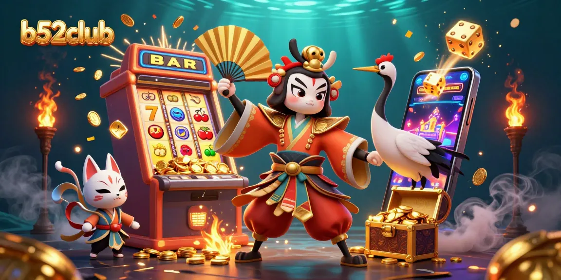 Spin the reels at b52club and win big in this vibrant 3D casino illustration.