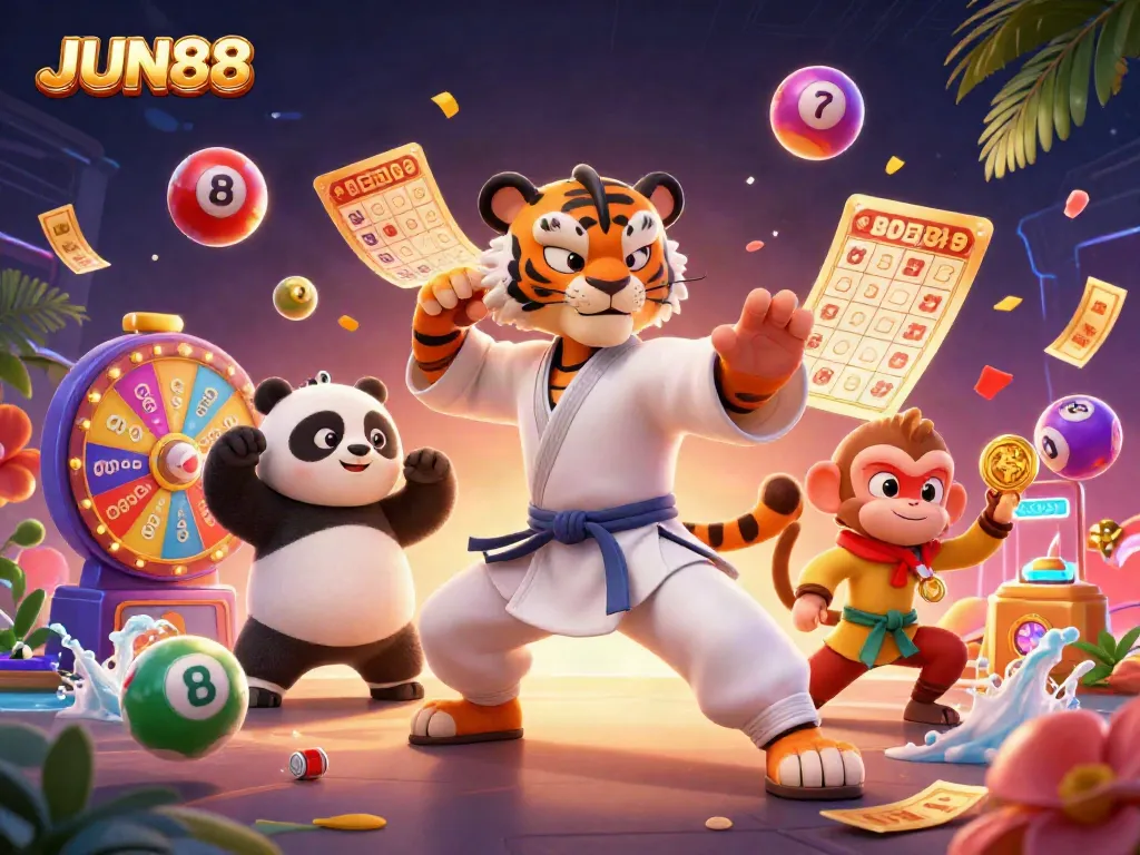 Engage in the thrilling world of JUN88, featuring a kung fu tiger and friends amidst vibrant gambling elements.