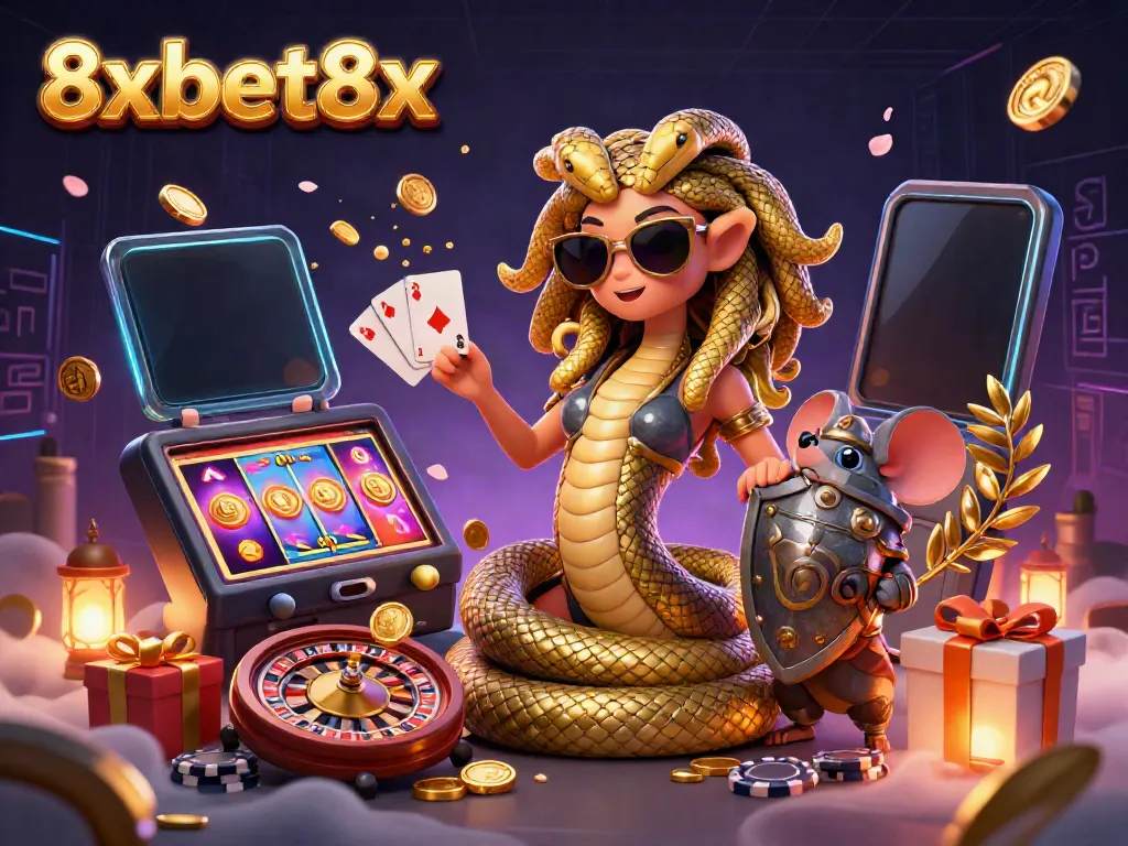 Experience the vibrant world of 8xbet8x with our dynamic illustration of unique gaming characters and casino elements.