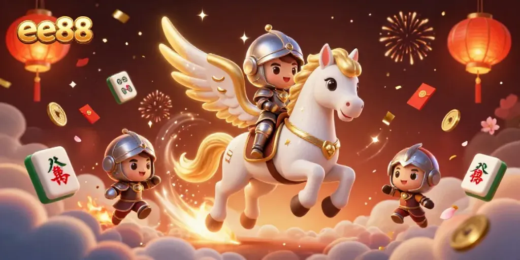 Experience the thrill of ee88 with a celestial knight amidst festive casino elements in a dynamic celebration.