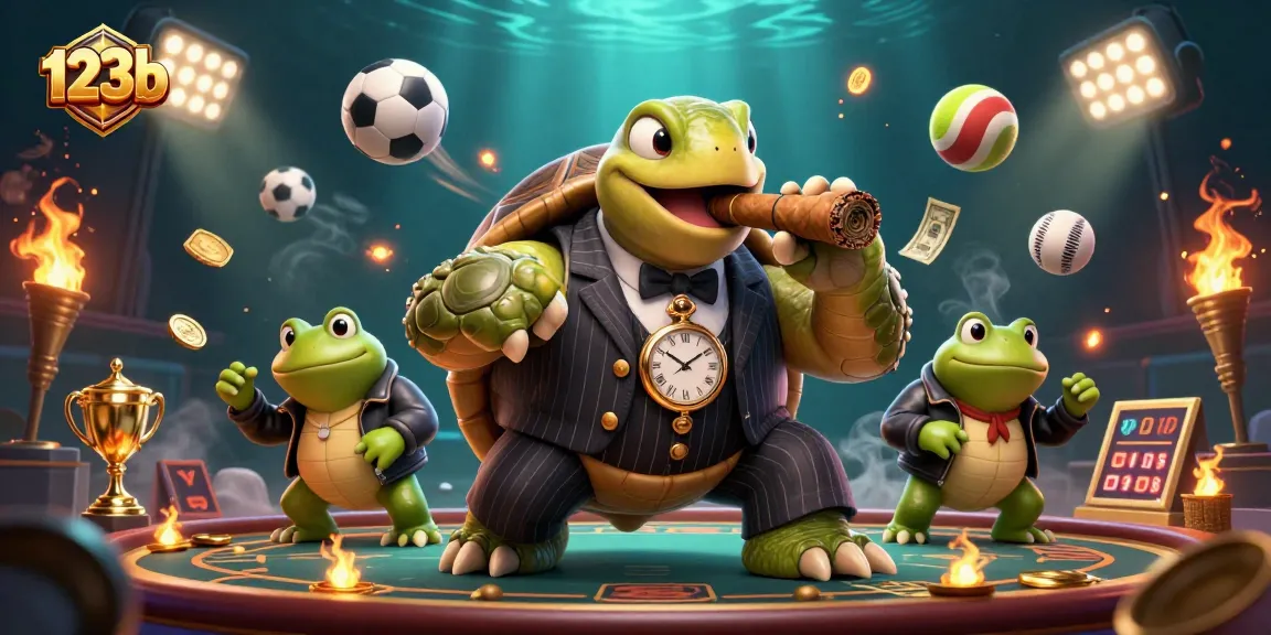 Engage with exciting sports betting at 123b, featuring turtles and bullfrogs in a dynamic casino scene.