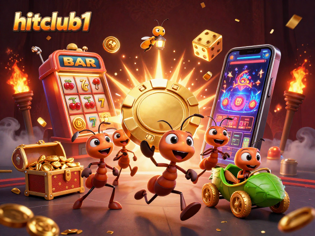 hitclub1 showcases a heist of ants carrying a giant poker chip amid a thrilling casino scene.