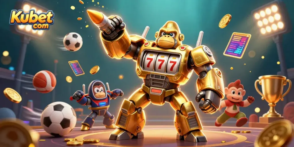 Engage with thrilling gaming at Kubet com featuring a golden gorilla mech amidst a vibrant casino atmosphere.
