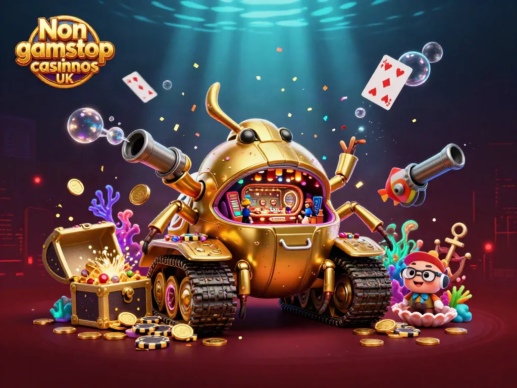 Experience the thrill of Non gamstop casinos UK with this vibrant 3D casino scene featuring a golden beetle tank!