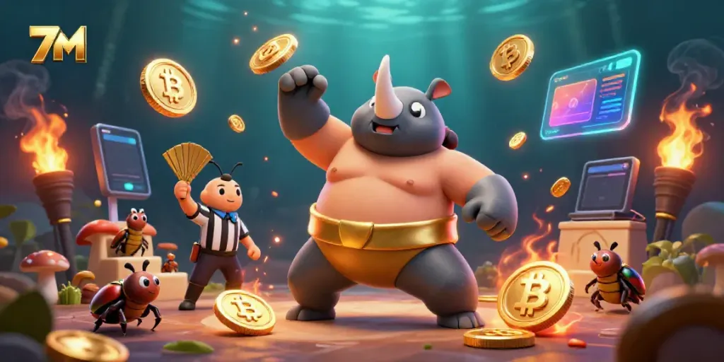 Experience thrilling gameplay at 7M with a vibrant scene featuring dynamic beetle characters and golden coins.