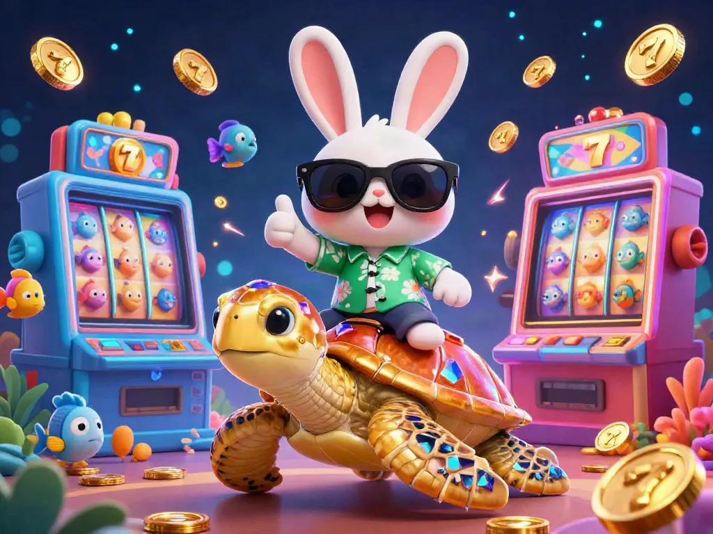 Play and win with Rikvip at the exciting casino, featuring vibrant slot machines and a lucky mascot!