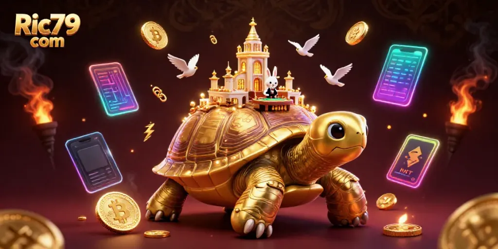Experience the excitement of Ric79 com with a vibrant, animated casino scene featuring crypto elements.