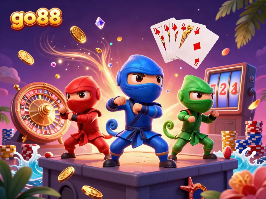 Experience gaming action with the ninja chameleon team in vibrant go 88 casino scene filled with gold coins and roulette.