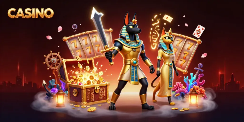 Experience thrilling casino adventure with Anubis and Bastet amidst flashing slot reels.