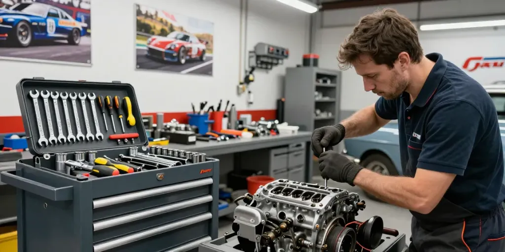 Mechanic using Hazet tools to repair a classic car in a busy workshop environment.