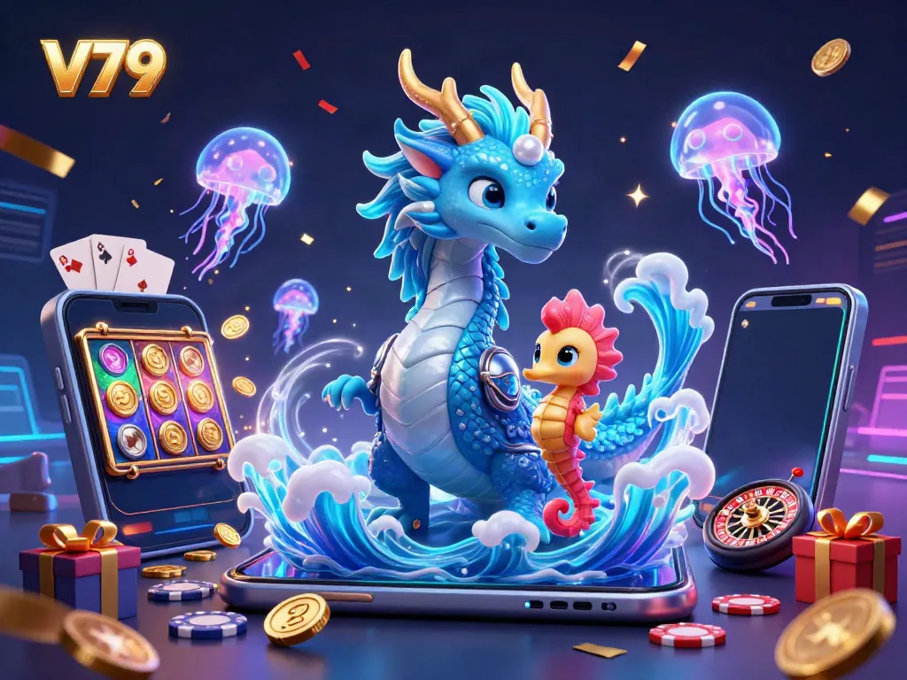 Experience thrilling moments at V79, featuring a vibrant casino scene with dynamic characters and gaming elements.
