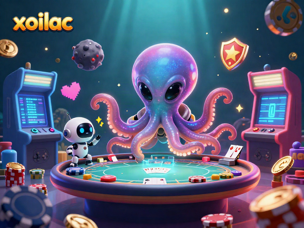 Engage with the vibrant xoilac gaming scene featuring an alien octopus at a dynamic poker table.