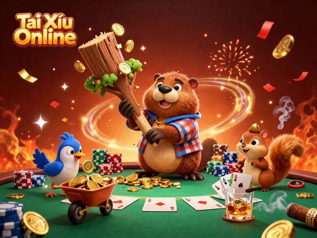 Chop for Tài Xỉu Online glory as a beaver rakes in gold coins, surrounded by vibrant casino action.