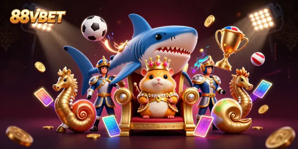 Experience thrilling sports action with 88VBET, featuring a golden hamster king and royal guards surrounded by dynamic game elements.