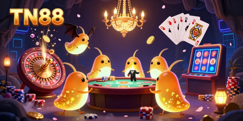 Experience the dazzling TN88 casino with glowworms illuminating the vibrant scene filled with golden coins and poker chips.