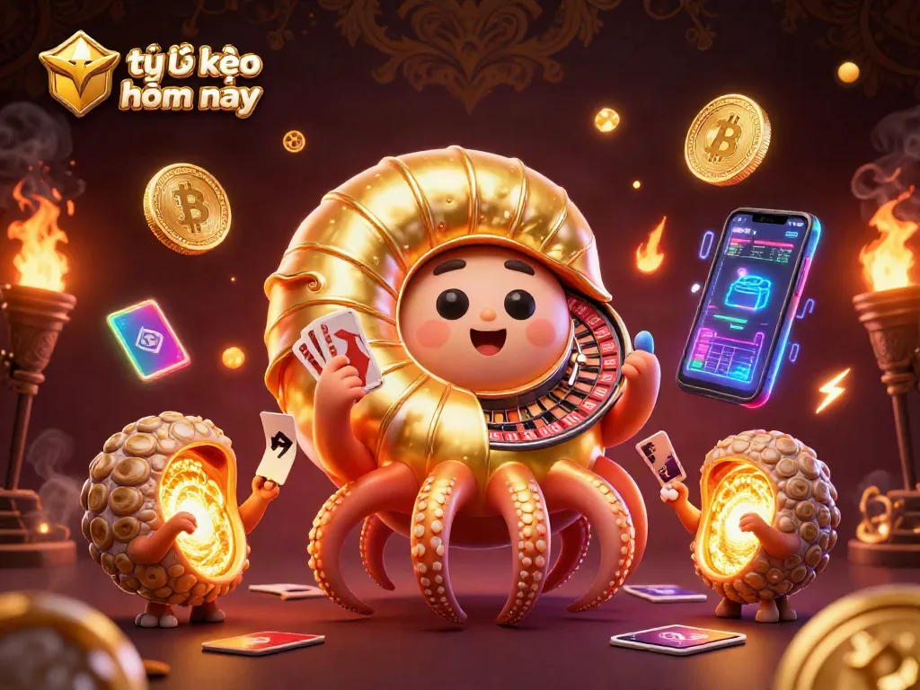 Bet on tỷ lệ kèo nhà cái hôm nay with a vibrant 3D illustration showcasing ancient gaming elements and glowing currencies.