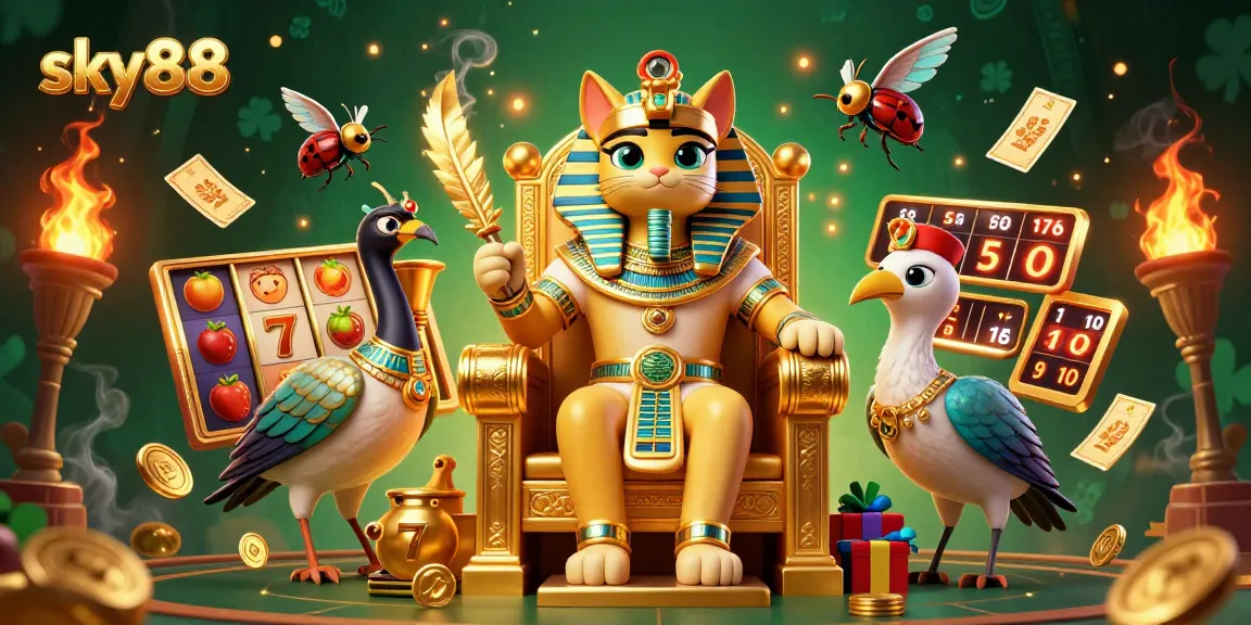 Spin the reels at sky88 with an Egyptian pharaoh cat and lucky slot symbols in a vibrant casino setting.