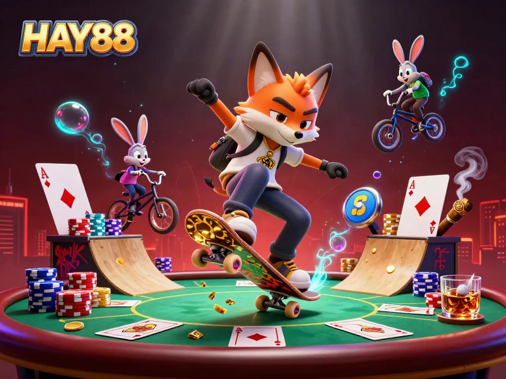 Experience the excitement of HAY88 with a lively skateboarding casino scene showcasing energetic characters and vibrant game elements.
