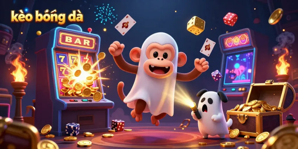 Experience kèo bóng đá excitement as a poltergeist monkey juggles gold in a haunted casino with a curious puppy.