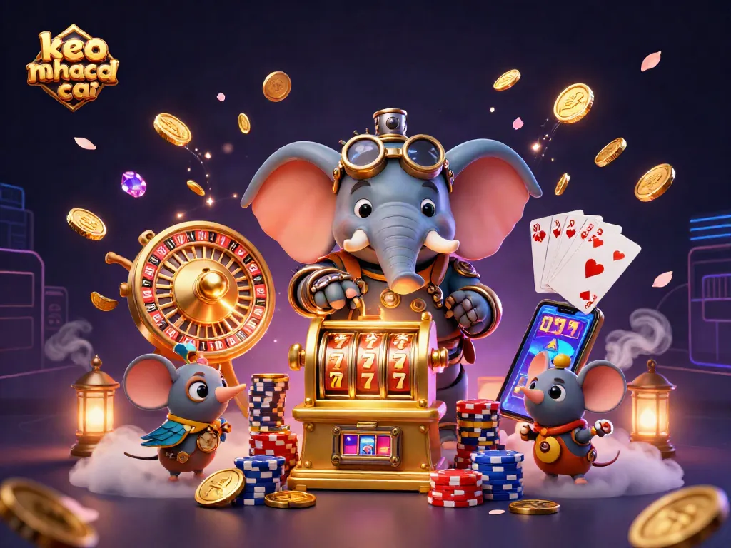 Engage with keo nha cai through a vibrant scene of steampunk characters operating thrilling casino games.