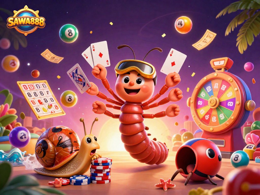 SAWA888 showcases exciting gameplay with a lively 3D millipede dealer and snail high-roller in a vibrant casino scene.