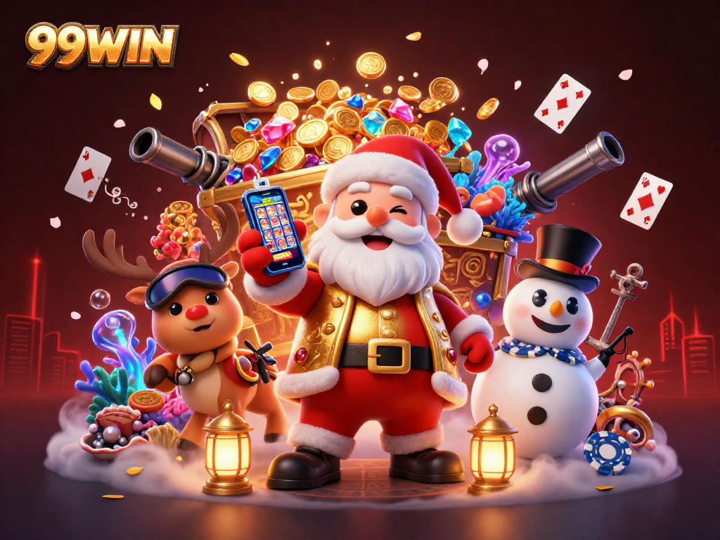 Experience thrilling wins with 99WIN’s festive casino adventure featuring vibrant characters and game elements.