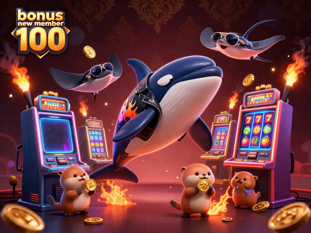 Experience exciting slot gameplay with the bonus new member 100, featuring vibrant characters and rich casino elements.