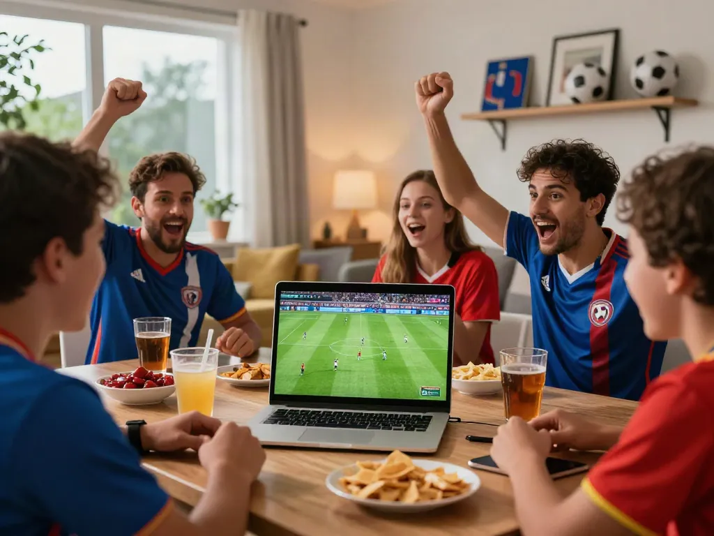 Cheering fans enjoying a live soccer match on Socolive with snacks and drinks.
