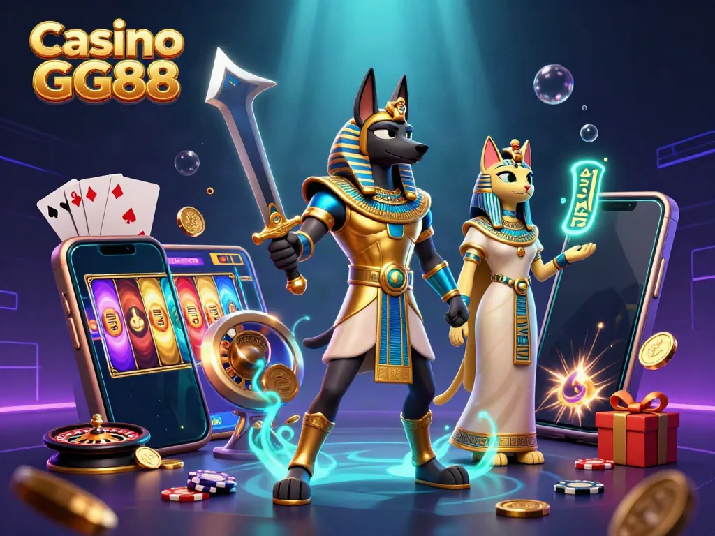 Experience thrilling games at Casino GG88 with Anubis and Bastet in a captivating 3D scene.
