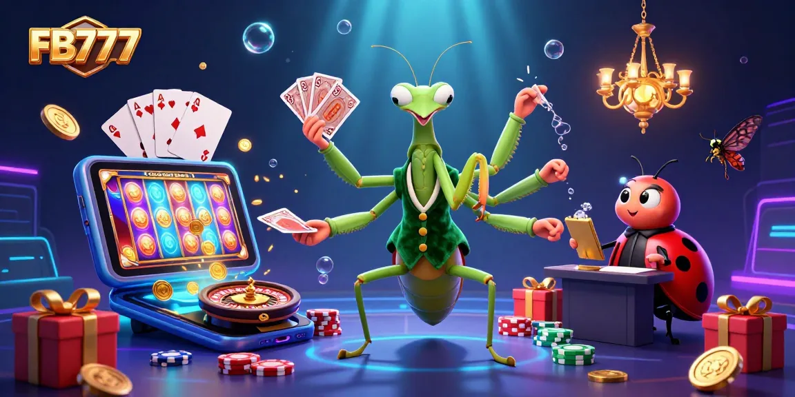 Engage with thrilling FB777 gameplay as a giant mantis deals cards in a vibrant casino setting.