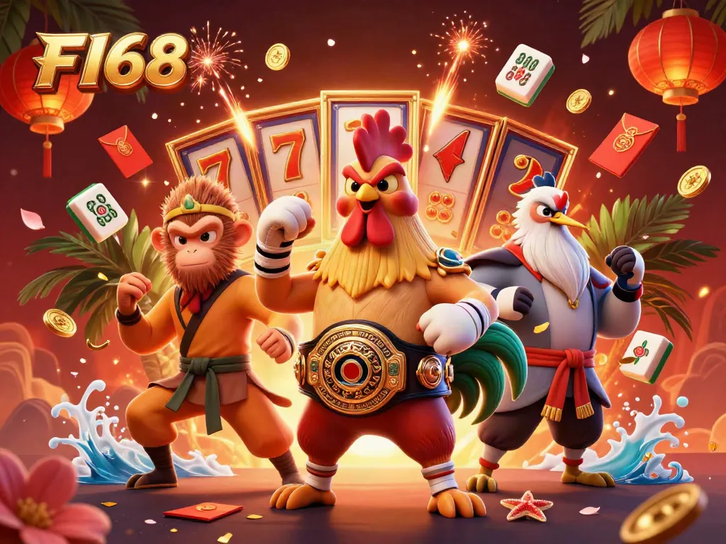 Experience the excitement of F168 with vibrant slot reels and dynamic casino action in this captivating illustration.