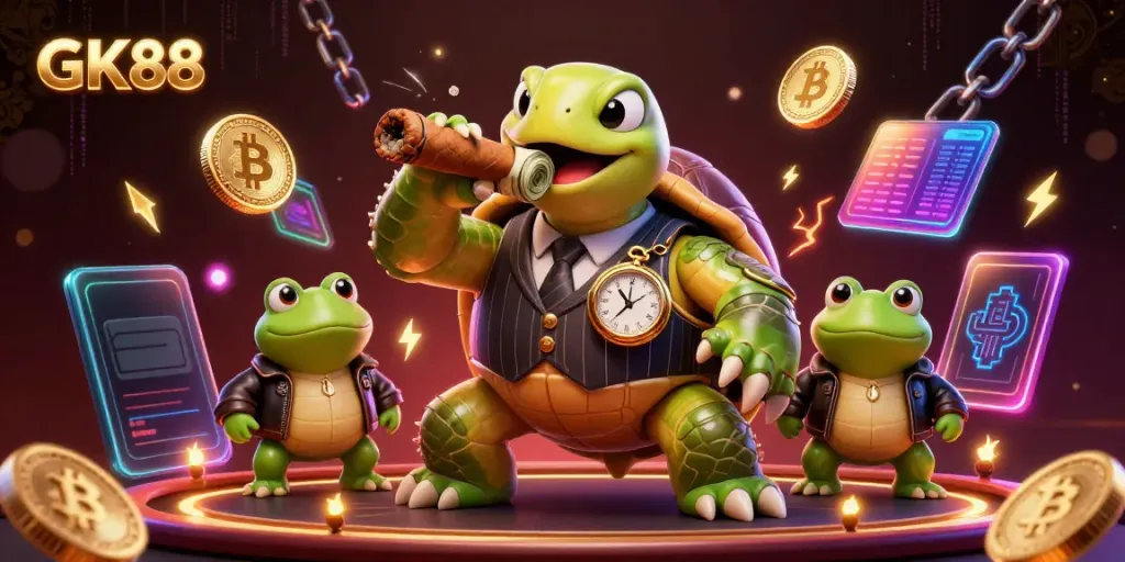 GK88 showcases a snapping turtle mobster with bullfrog enforcers amidst vibrant casino elements.