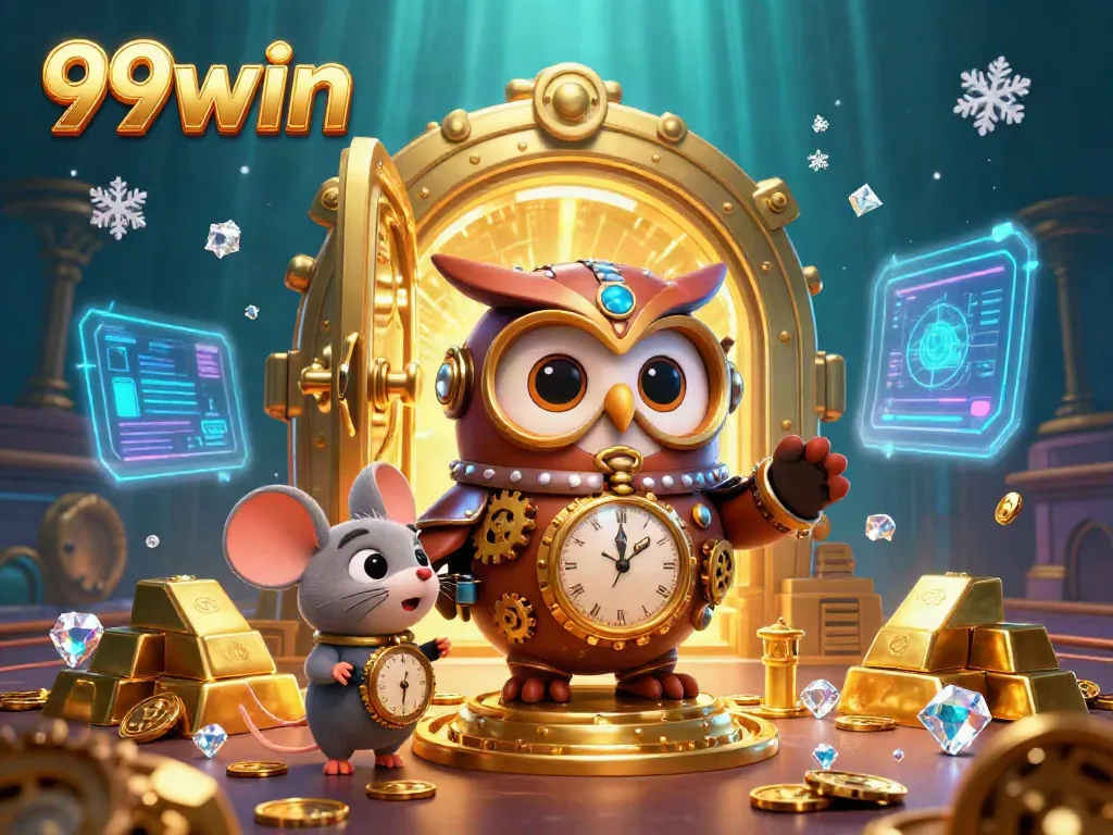 Win big with 99win at this vibrant steampunk casino, featuring gold treasures and lively holographs.